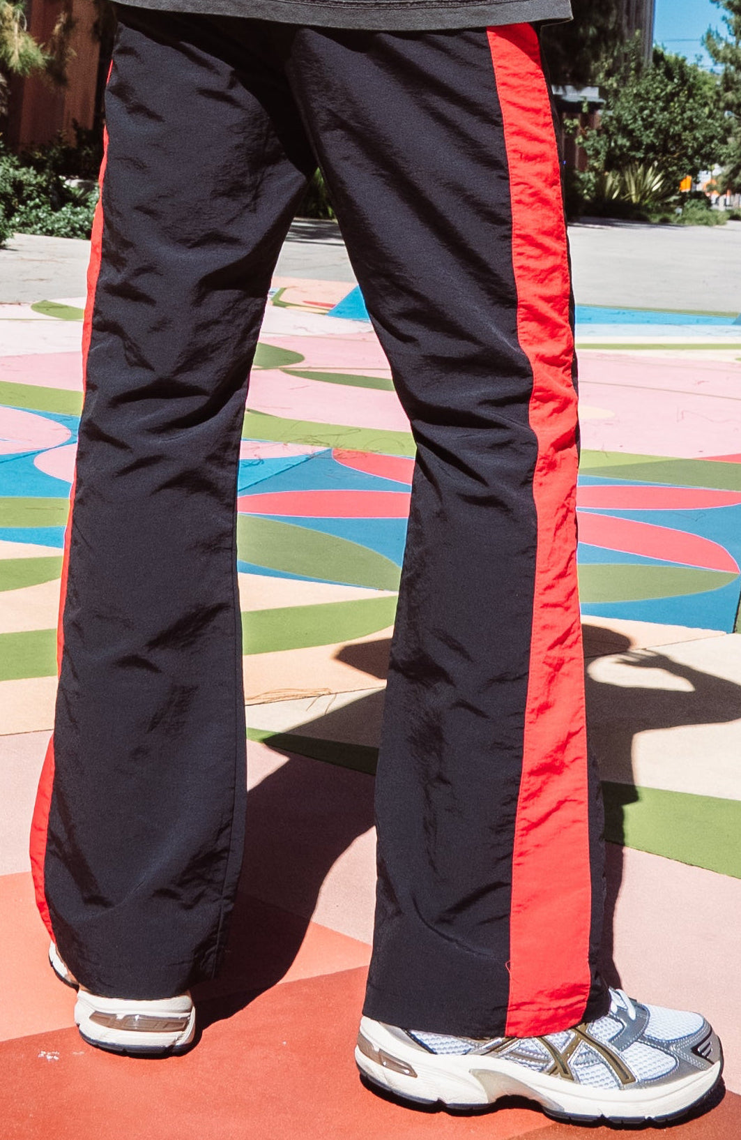 NYLON FLARE LEG PANTS - [BLACK/RED]