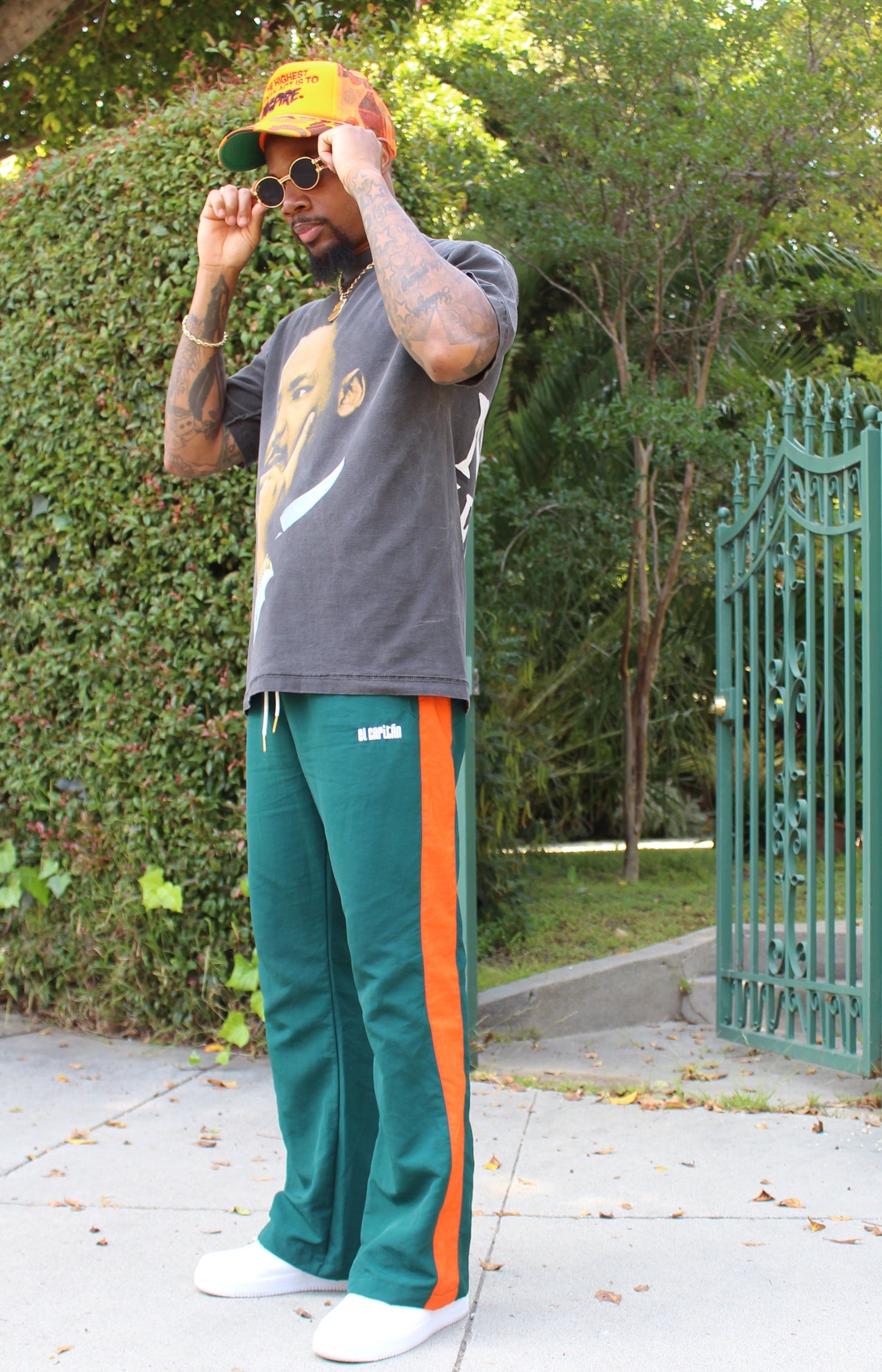 NYLON FLARE LEG PANTS - [GREEN/ORANGE]